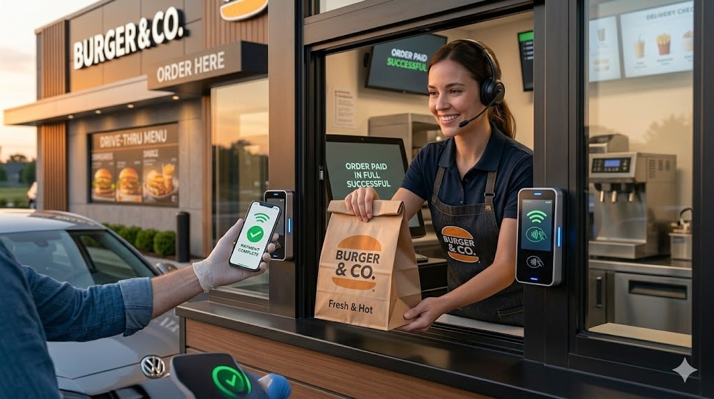 Drive-thru order handoff at the pickup window with contactless payment and completed food order