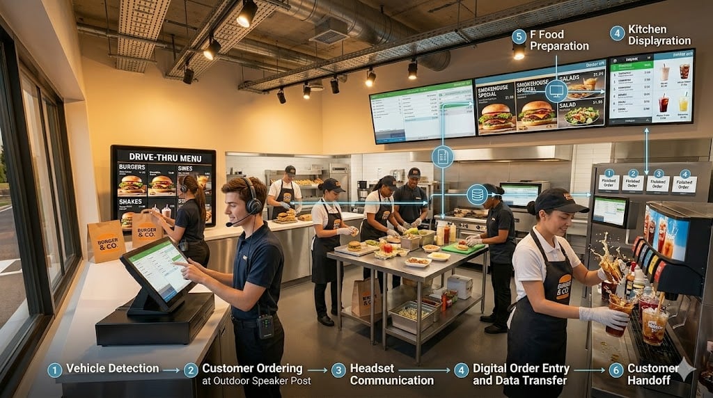 Restaurant staff using wireless drive-thru headsets to improve communication and speed of service during busy hours