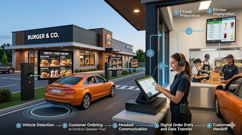 Step-by-step process of a drive-thru headset system showing customer ordering, headset communication, POS integration, kitchen workflow, and order pickup