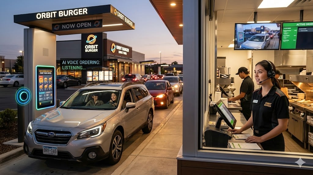 Customer using a modern drive-thru ordering system with digital menu board and headset communication
