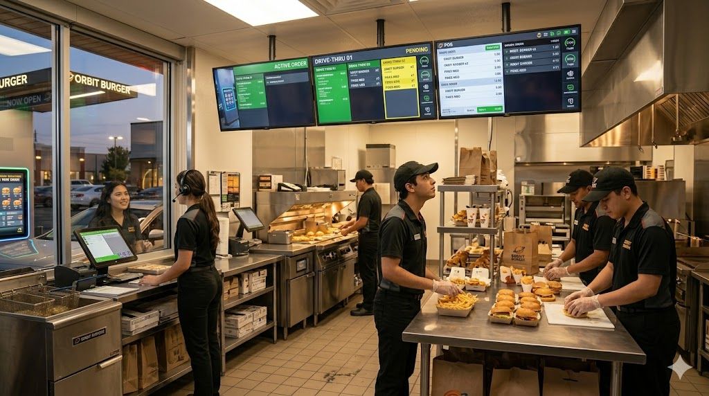 Restaurant staff processing drive-thru orders using a kitchen display system and POS technology