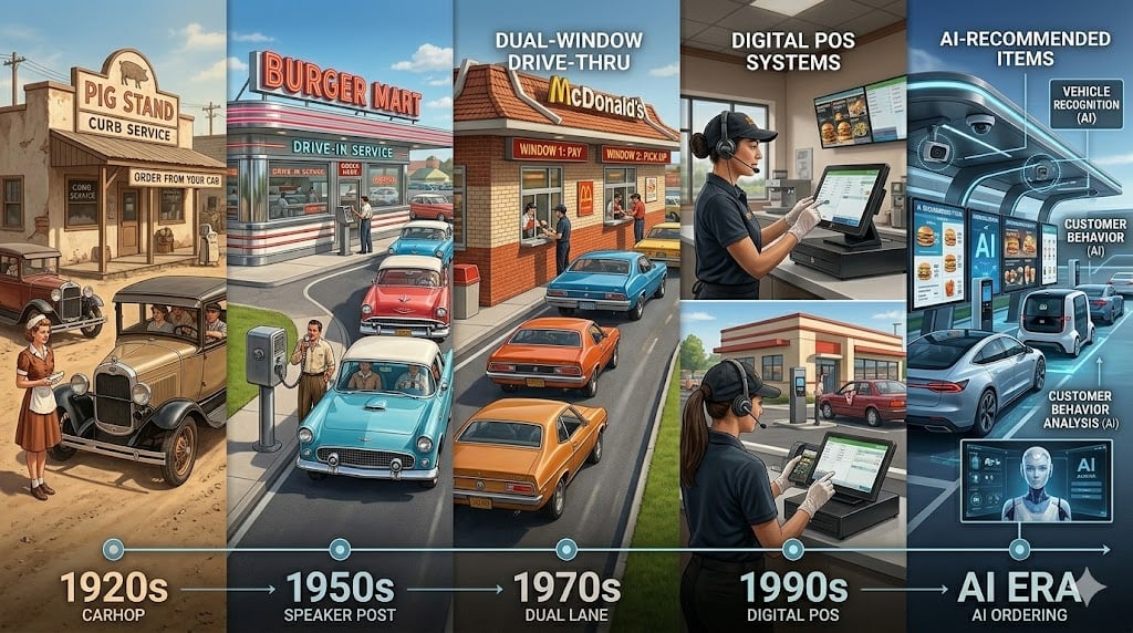 Timeline showing the evolution of drive-thru systems from early carhop service to modern AI-powered drive-thru technology