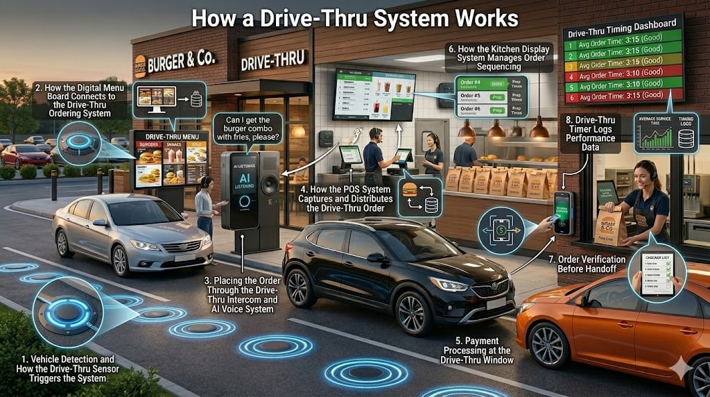 Infographic explaining the eight-stage process of how a modern drive-thru system works from vehicle detection to performance tracking