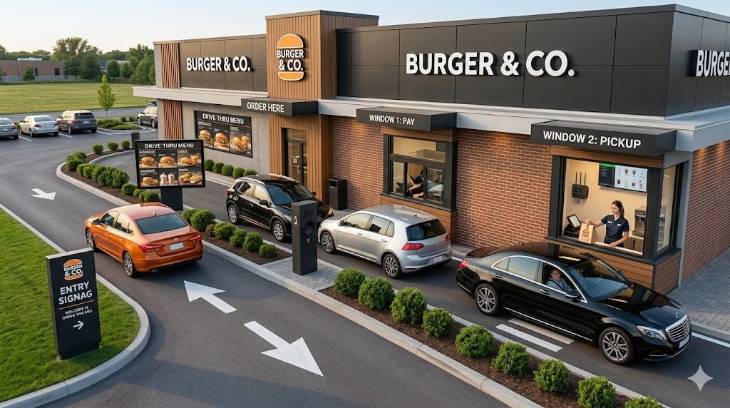 Modern drive-thru lane layout showing the entry point, menu board, speaker post, payment window, and pickup window